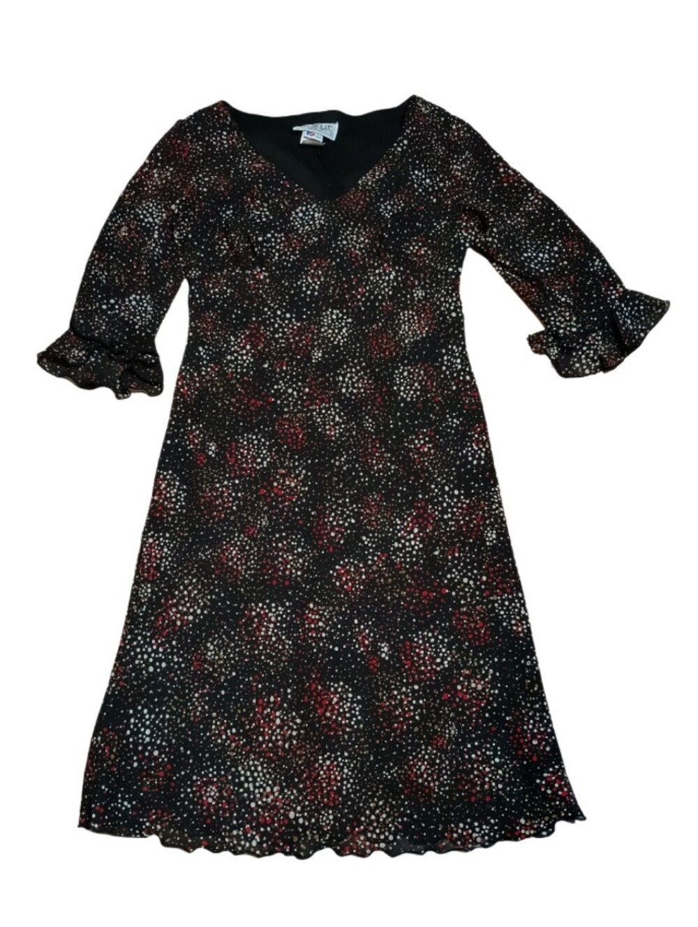 Vintage La Belle Made in USA Black Floral Midi Dress Women's Size 6 Bell Sleeve